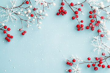 Merry Christmas and Happy Holidays greeting card, frame, banner. New Year. Copy space.  Berries, branches, snowflakes on light blue background top view. Winter xmas holiday theme. Flat lay 