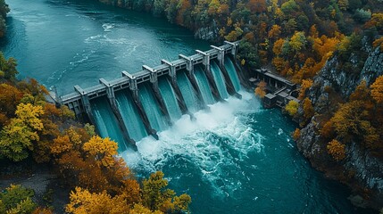 Aerial view of a hydroelectric dam on the river with water being discharged from the reservoir