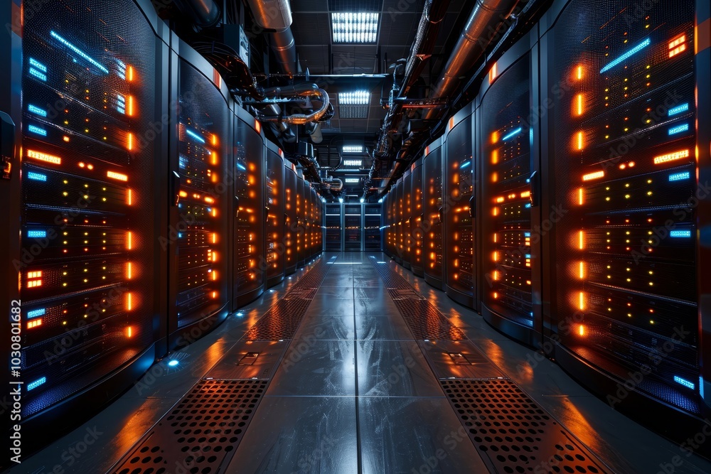 Poster a high-tech data center displays rows of server racks glowing with vibrant orange and blue lights. t