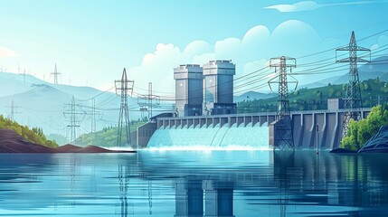 Obraz premium Hydroelectric power plant with a river dam and reservoir for hydropower energy generation, high-voltage power lines, and city power supply