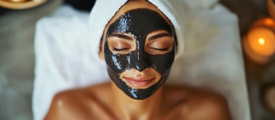 Woman enjoying a deep cleansing facial treatment with charcoal mask