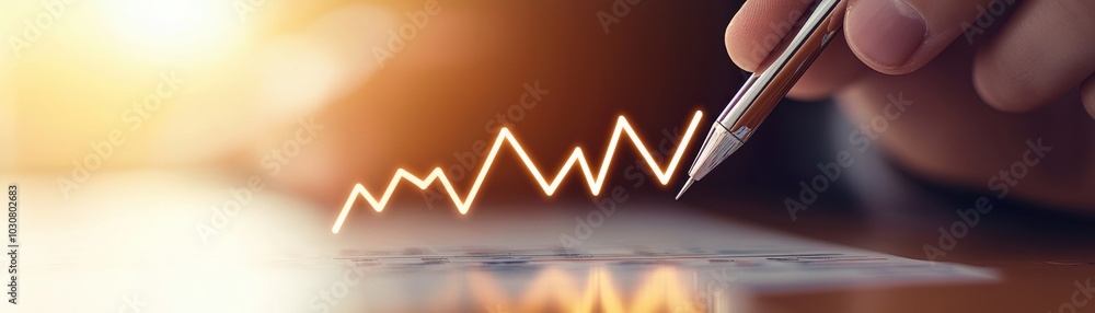 Aufkleber hand with pen analyzing financial data on a chart with upward trends.
