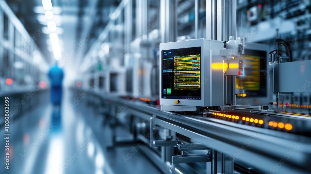 Poster automated production line with advanced machinery in a modern factory setting.