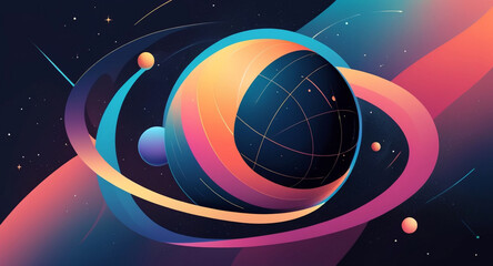 Minimalist geometric design featuring a sphere as a planet, with flowing lines and curves representing celestial bodies. Modern, cosmic-inspired vector art blending science and aesthetics