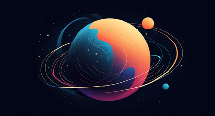 Minimalist geometric design featuring a sphere as a planet, with flowing lines and curves representing celestial bodies. Modern, cosmic-inspired vector art blending science and aesthetics