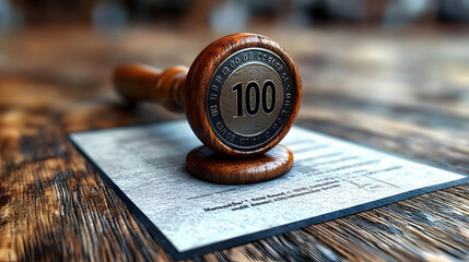 A wooden stamp displaying the number 100 on a document.