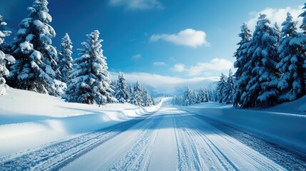 Fototapeta premium Snowy landscape with trees and clear blue sky, winter season.