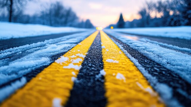 Snow-covered road with yellow markings and trees in the background. - Powered by Adobe