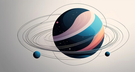 Minimalist geometric design featuring a sphere as a planet, with flowing lines and curves representing celestial bodies. Modern, cosmic-inspired vector art blending science and aesthetics