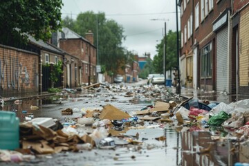 A city street overflowing with garbage and debris