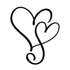 Calligraphic composition of duo hearts drawn in one line. Vector calligraphy.