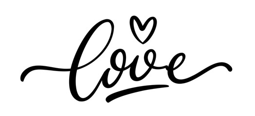 Love lettering with heart illustration, hand drawn lettering. Short phrase. Vector handwritten calligraphy text design isolated on white background.