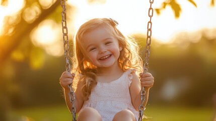 A young child enjoying time on a playground swing