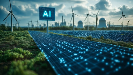 AI renewable energy digital field connecting artificial intelligence with clean energy wind and solar science.
