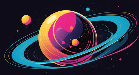 Minimalist geometric design featuring a sphere as a planet, with flowing lines and curves representing celestial bodies. Modern, cosmic-inspired vector art blending science and aesthetics