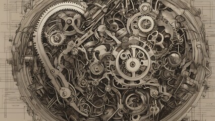 A mechanical realism illustration of a human heart intricately composed of gears, cogs, and machinery, symbolizing the blend of humanity and technology.
