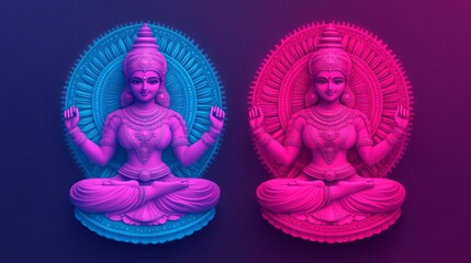 Two statues of Hindu Goddess Lakshmi in a vibrant blue and pink color scheme.