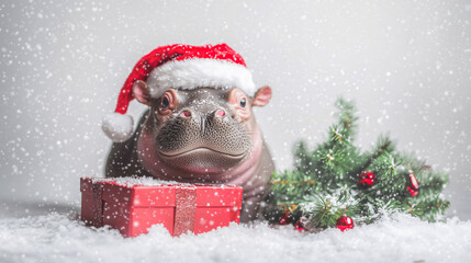 Happy pygmy hippo wearing Santa hat with gift box and Christmas tree on white background .