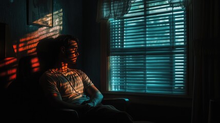 A person sitting in a chair facing a window, possible scene for storytelling or character study