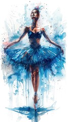 Watercolor painting on a pure white background: A black ballerina, her silhouette draped in a vibrant mint green tutu, poses gracefully with her back to the viewer