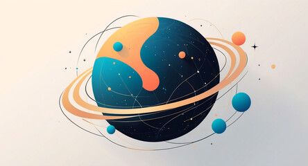Minimalist geometric design featuring a sphere as a planet, with flowing lines and curves representing celestial bodies. Modern, cosmic-inspired vector art blending science and aesthetics