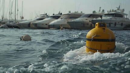 A yellow buoy floating on calm waters, suitable for use as a symbol or marker