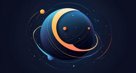 Minimalist geometric design featuring a sphere as a planet, with flowing lines and curves representing celestial bodies. Modern, cosmic-inspired vector art blending science and aesthetics