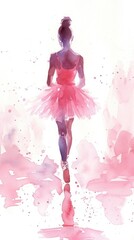 Obraz premium Watercolor illustration: A ballerina, dressed in pink, presents a serene stance with her back to the viewer, set against a gentle and light backdrop