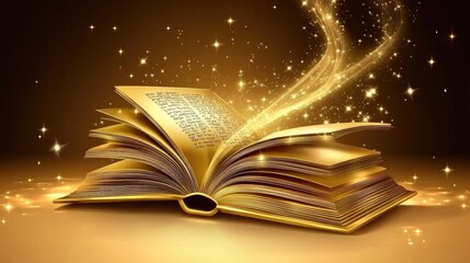An enchanting open book with glowing pages surrounded by magical sparkles, revealing the wonders of imagination and storytelling at dusk