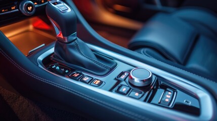 Close-up shot of a car gear stick with detailed mechanics, ideal for automotive or mechanical designs