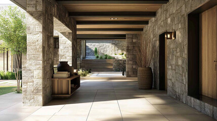 Wooden staircase and stone cladding wall in rustic hallway. Interior design of modern entrance hall with staircase in villa.