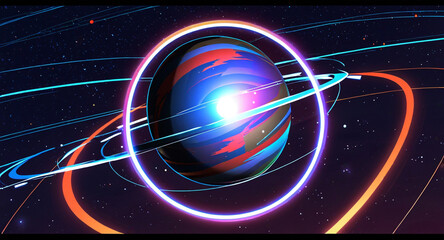 Minimalist geometric design featuring a sphere as a planet, with flowing lines and curves representing celestial bodies. Modern, cosmic-inspired vector art blending science and aesthetics