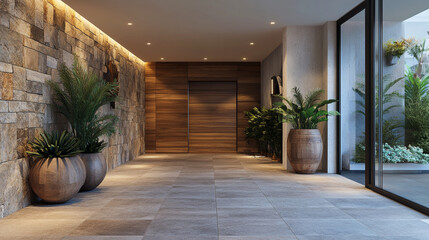 Fototapeta premium Wooden staircase and stone cladding wall in rustic hallway. Interior design of modern entrance hall with staircase in villa.