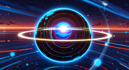 Minimalist geometric design featuring a sphere as a planet, with flowing lines and curves representing celestial bodies. Modern, cosmic-inspired vector art blending science and aesthetics