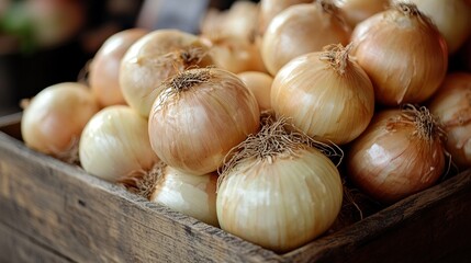 Closeup of Fresh Yellow Onions in a Wooden Crate