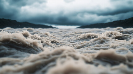 Powerful river rapids surge under a stormy sky, the water moving aggressively and foaming as it rushes forward.