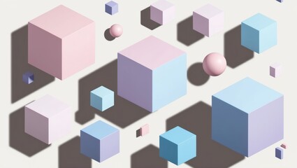 Various 3D geometric shapes including cubes and spheres, creating a dynamic and visually engaging abstract composition