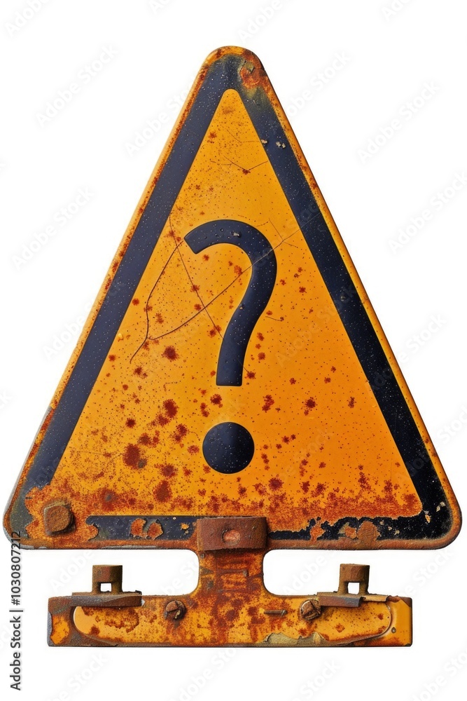 Poster old road marker or directional sign with a rusty triangle shape and a question mark, suitable for vi