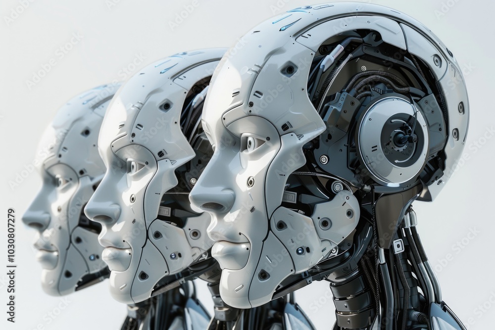 Poster a close-up view of a robot's head with mechanical features and metallic components
