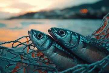 A pair of fish resting on the surface of a fishing net
