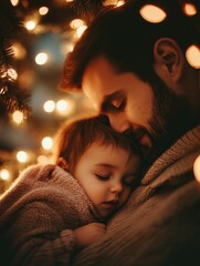 Man with baby under Christmas tree