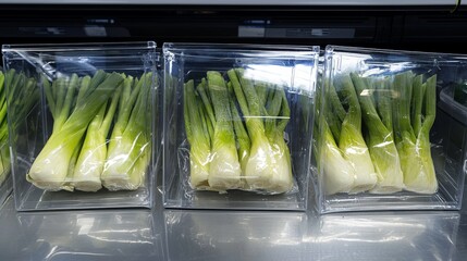 Fresh Leeks in Transparent Packaging Displayed on Market Shelf