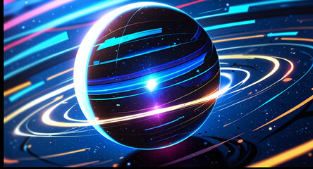 Minimalist geometric design featuring a sphere as a planet, with flowing lines and curves representing celestial bodies. Modern, cosmic-inspired vector art blending science and aesthetics