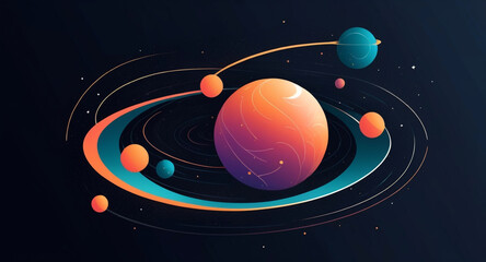 Minimalist geometric design featuring a sphere as a planet, with flowing lines and curves representing celestial bodies. Modern, cosmic-inspired vector art blending science and aesthetics