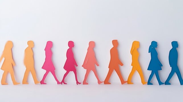 Colorful Paper Cutout Silhouettes of People Walking in Line