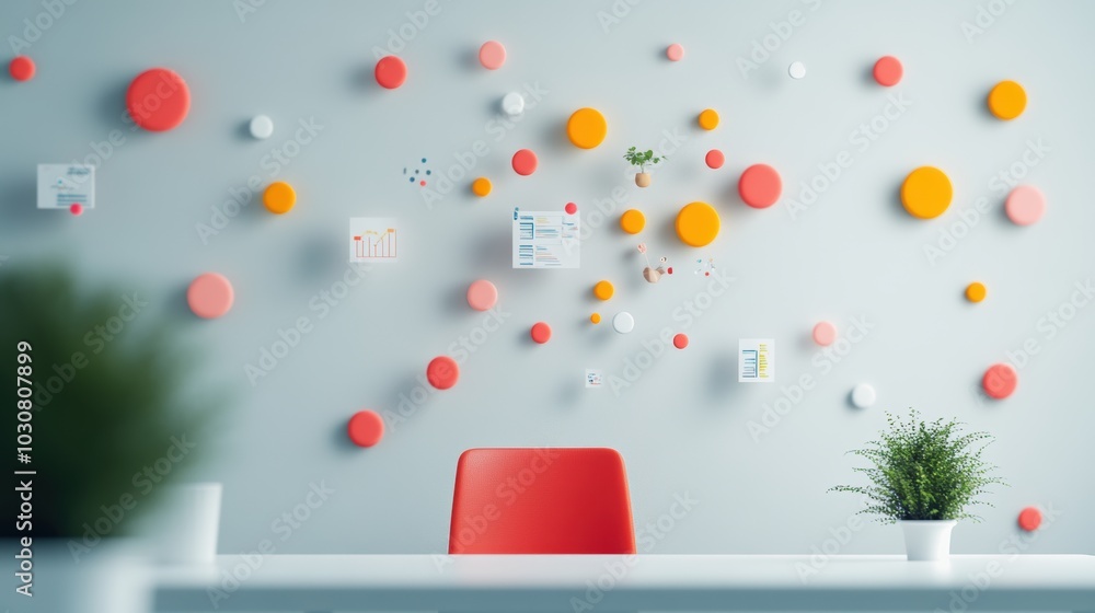 Poster a room filled with abstract shapes and symbols, representing different tasks and processes of busine