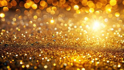 Warm golden lights create a bokeh effect against the glittering background. The glowing atmosphere evokes a sense of luxury and celebration. Festive wallpaper or background. AI generated.
