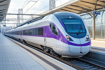 Fototapeta premium A purple and white train pulls into a train station, ready to deliver passengers and goods