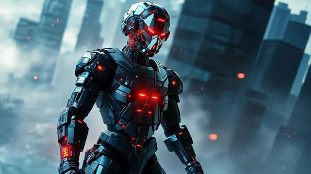 futuristic sci-fi fantasy robot with glowing red light at ruin of metropolis severe damage from war