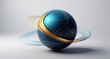 Minimalist geometric design featuring a sphere as a planet, with flowing lines and curves representing celestial bodies. Modern, cosmic-inspired vector art blending science and aesthetics